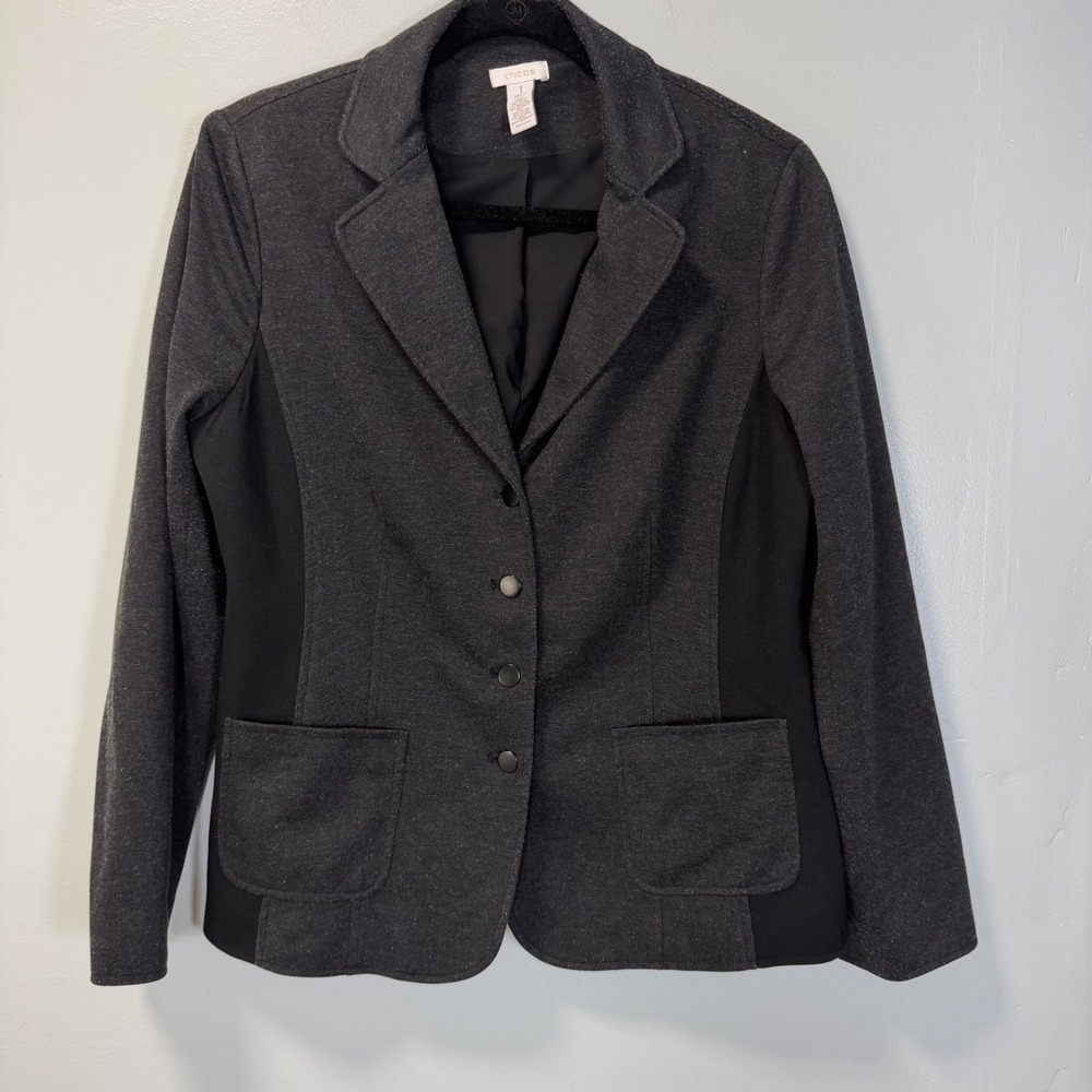 Chicos Gray Knit Blazer Jacket Women Size 1 Medium 4-Button Front Casual Office